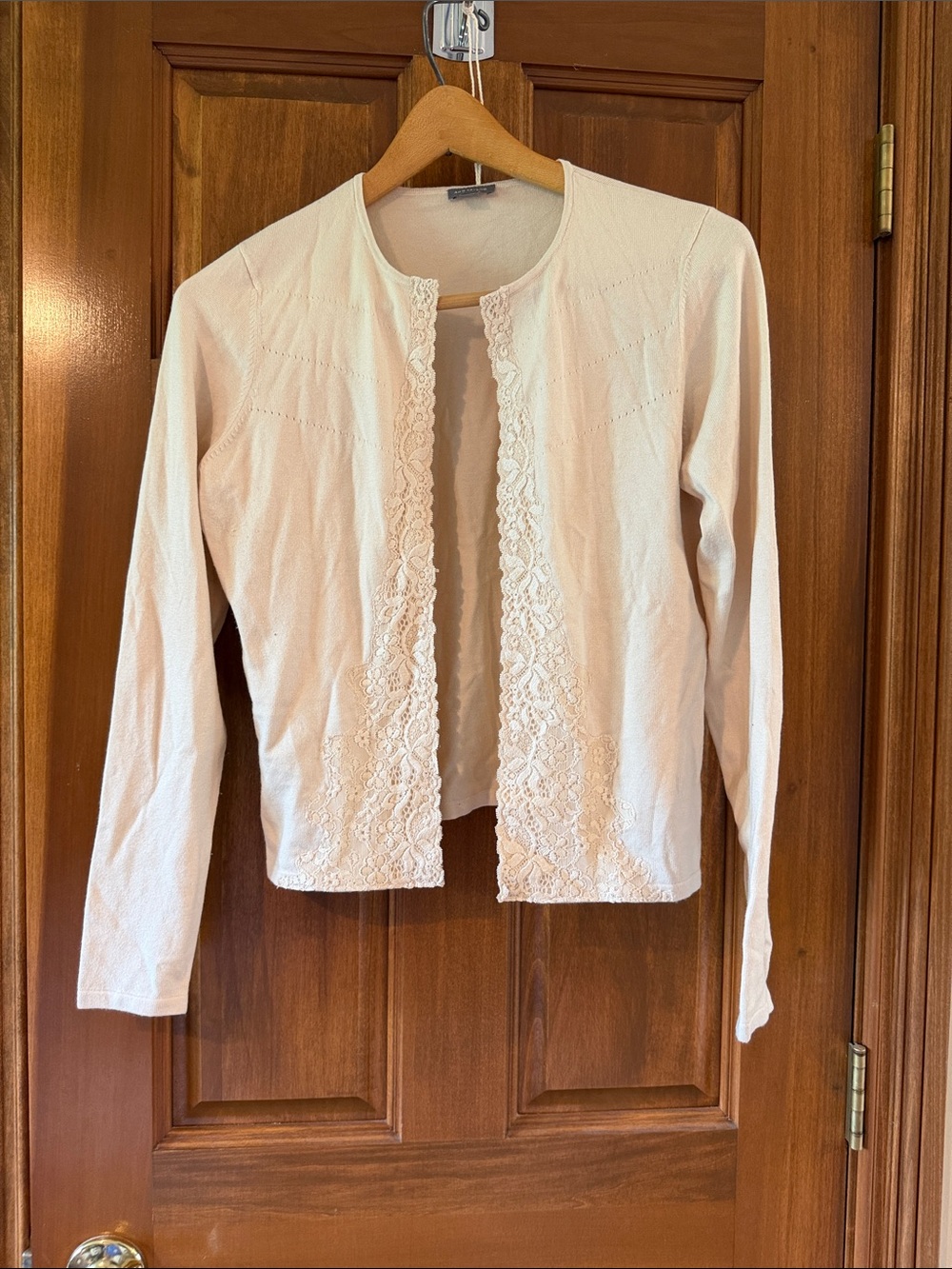 Ann Taylor Cream Lace-Trim Open Cardigan